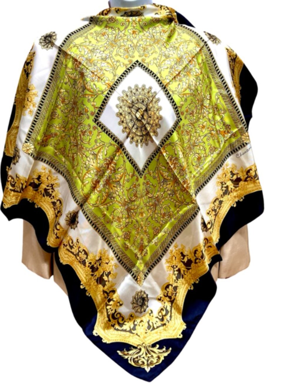 Soft Silk Scarf Chanson Similar to Hemes beige back green Gold Mint arts 35"(17 - Picture 10 of 10